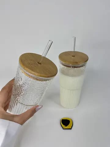 لیوان اسموتی شفاف درب بامبو پیرکس — تصویر ۲