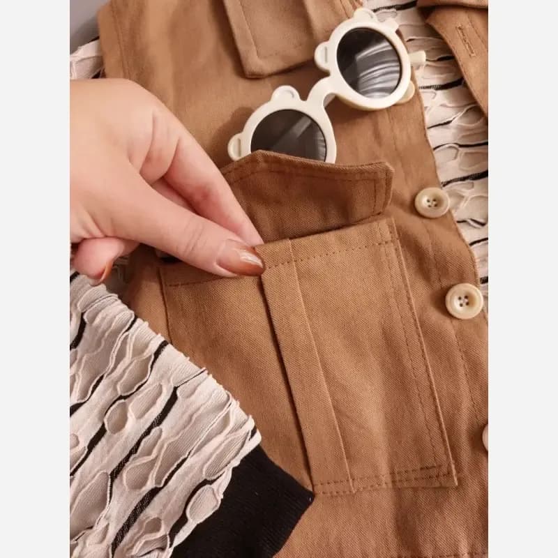 ست سه تیکه ژیله و بلوز و شلوار پسرانه کتان و لونا مراکشی کرم و مشکی — تصویر ۵