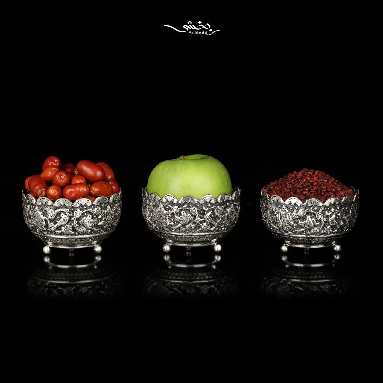 کاسه نقره شش عددی پایه گلوله ای گل و مرغ درجه یک — تصویر ۲