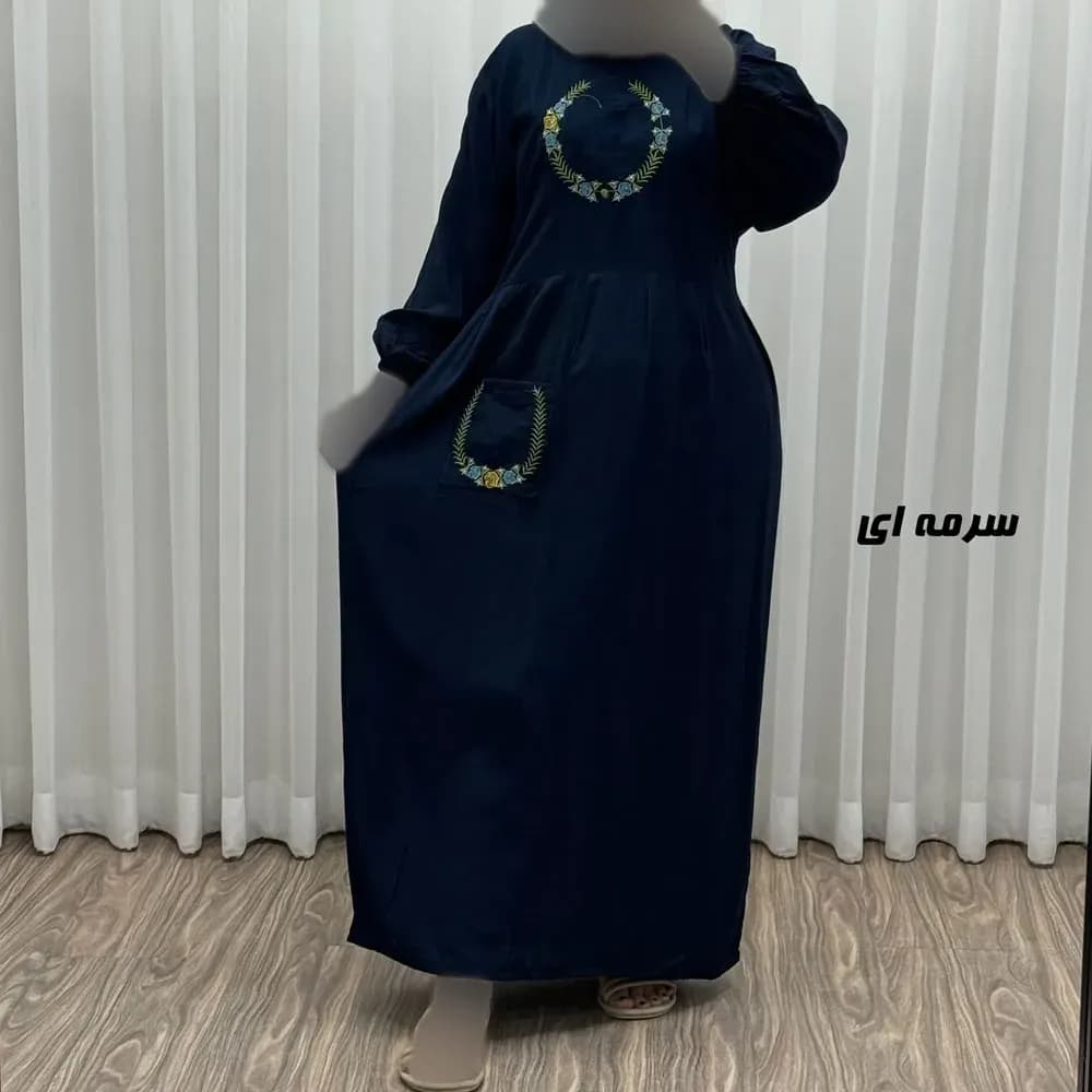 پیراهن نخی گلدوزی زنانه مدل خاطره فری سایز تا 48 با کمربند — تصویر ۴