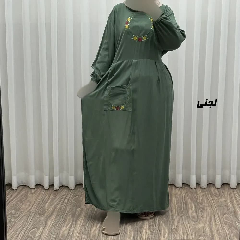 پیراهن نخی گلدوزی زنانه مدل خاطره فری سایز تا 48 با کمربند — تصویر ۶