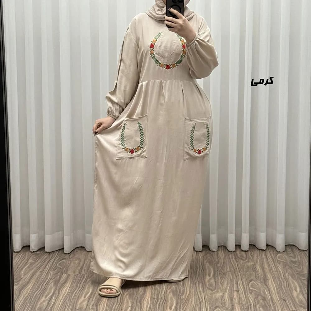 پیراهن نخی گلدوزی زنانه مدل خاطره فری سایز مناسب تا 48 — تصویر ۷