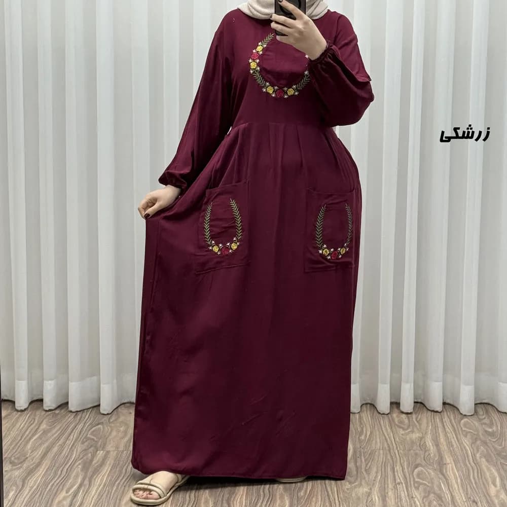 پیراهن نخی گلدوزی زنانه مدل خاطره فری سایز مناسب تا 48 — تصویر ۳