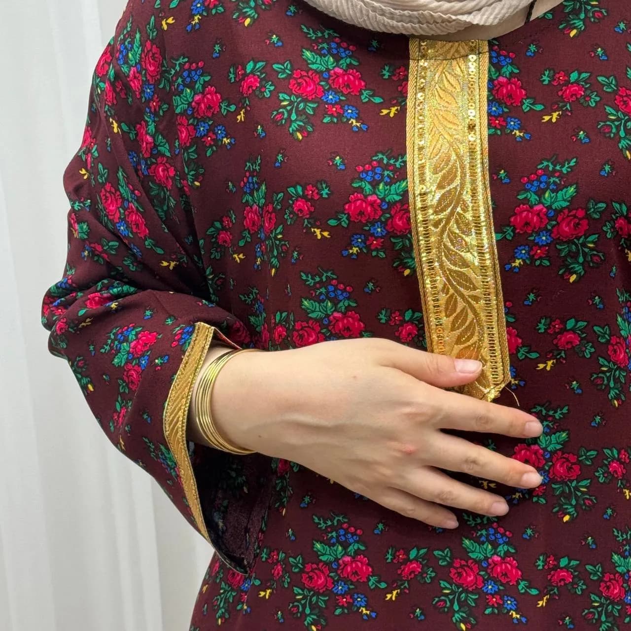 پیراهن نخی ترکمنستان گل نقلی فری سایز تا 54 چهارفصل شیک و راحت طلوبند دار — تصویر ۴