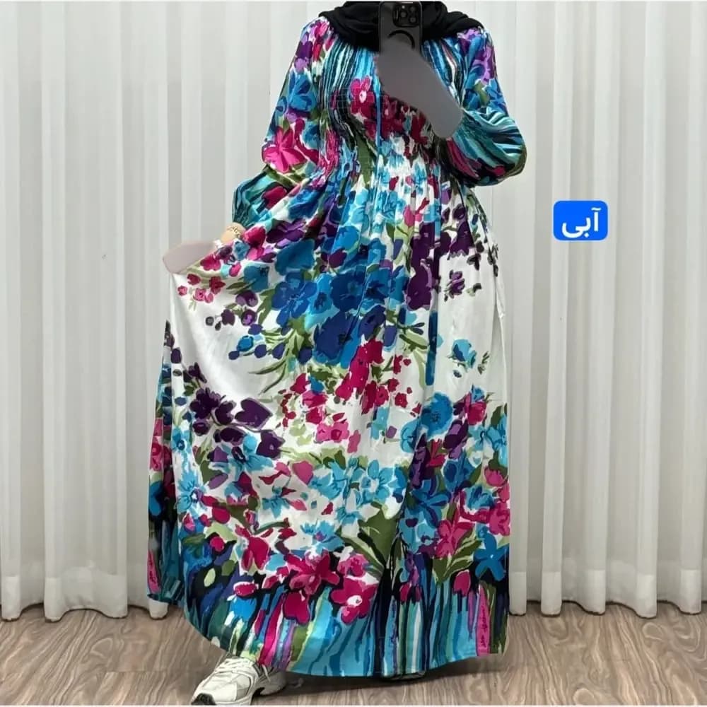 پیراهن ساحلی آبرنگی کریشه فری سایز زنانه آستین بلند تا سایز 54 مناسب چهارفصل شیک و راحت بدون بدن نما — تصویر ۸