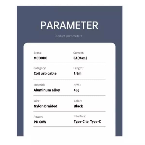 کابل شارژ فنری تایپ سی به تایپ سی 60 وات مک دودو مدل CA-7860 طول 1.8 متر — تصویر ۷