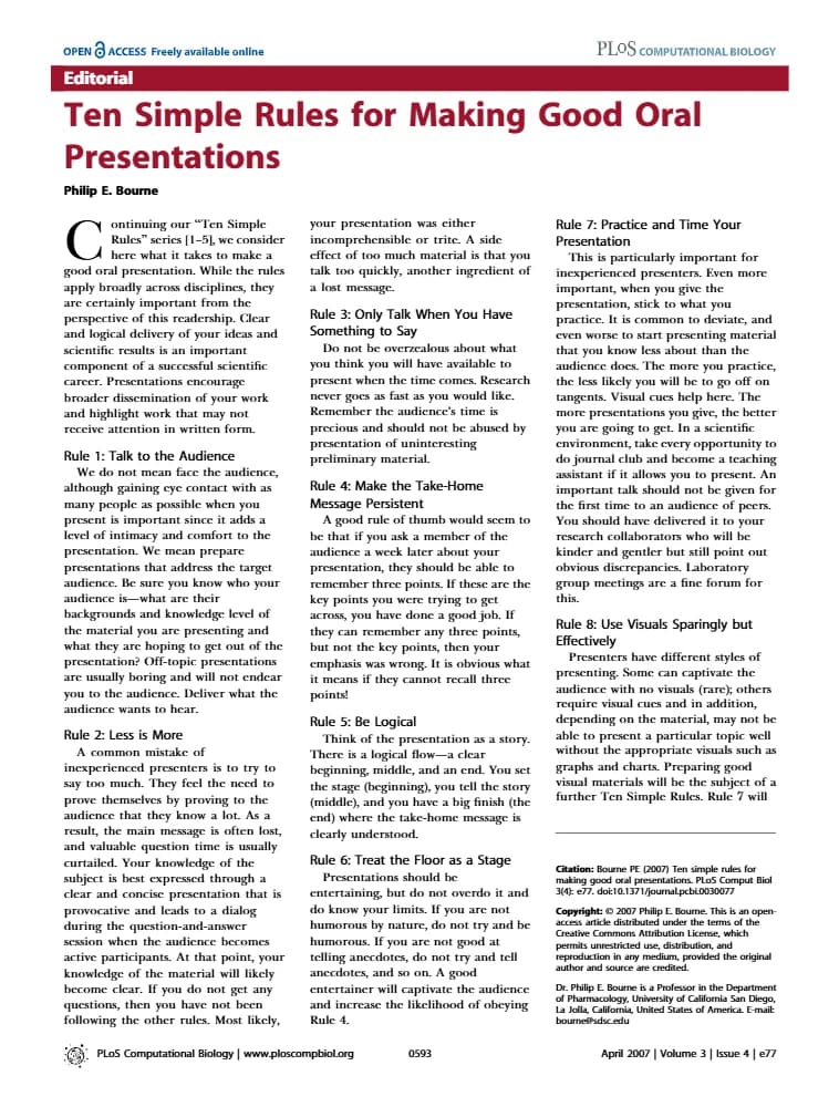 کتاب Ten Simple Rules for Making Good Oral Presentations نسخه انگلیسی PDF | نامشخص