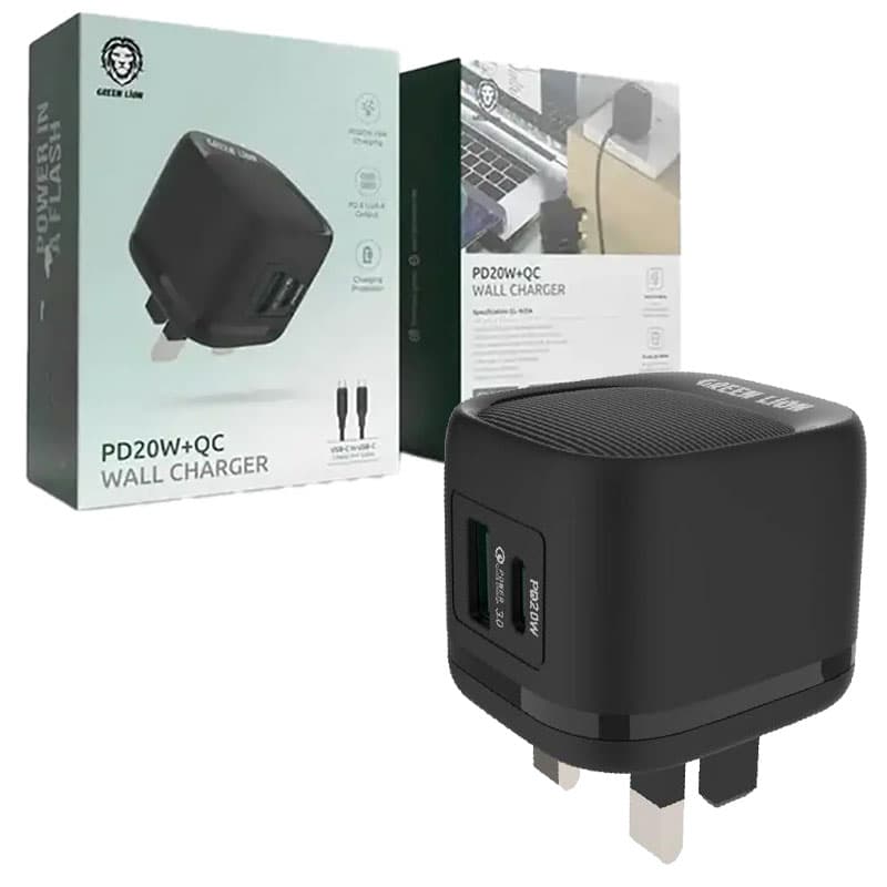 آداپتور شارژر 3پین 2پورت یک پورت PD+QC 20W Green lion
