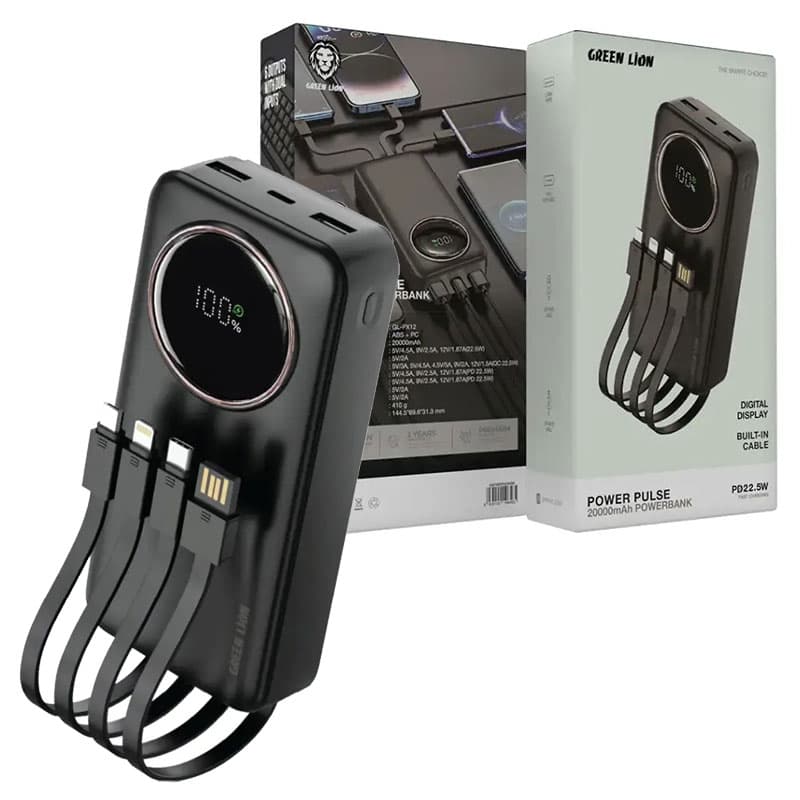 پاوربانک 20000 پالس گرین لاین Green Lion Power Pluse Powerbank PD 22.5W فست شارژ + کابل متصل