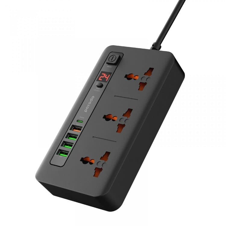 چندراهی برق تایمردار کلیددار 3خروجی و 1type-C و 4USB با کابل 2متری Porodo power hub FWCH013BK — تصویر ۵