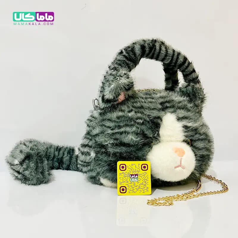 کیف عروسکی بزرگ پرزی مدل گربه طوسی 40 سانتیمتر — تصویر ۳