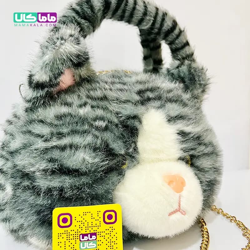 کیف عروسکی بزرگ پرزی مدل گربه طوسی 40 سانتیمتر — تصویر ۵