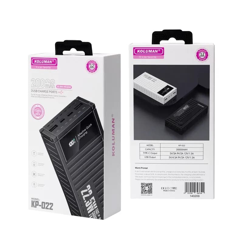 پاوربانک کلومن مدل KP-022 22.5W ظرفیت 20000 میلی آمپر ساعت مشکی گارانتی 12 ماهه تکنوپاز — تصویر ۶