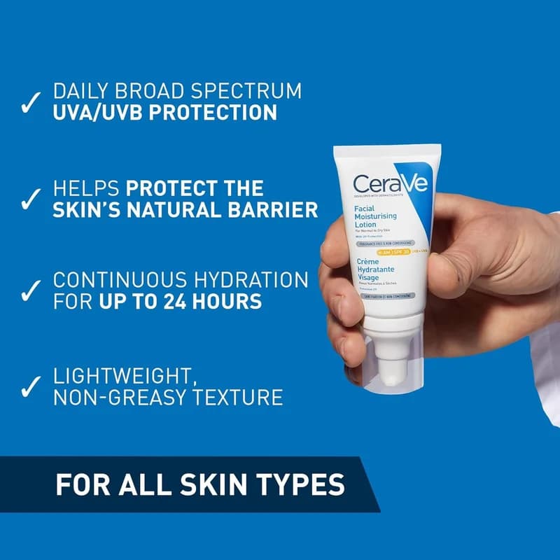 لوسیون مرطوب کننده و ضد آفتاب سراوی CeraVe مدل Facial Moisturizing Lotion – با SPF 30 – مناسب پوستهای نرمال تا خشک | حجم 52 میلیلیتر — تصویر ۳