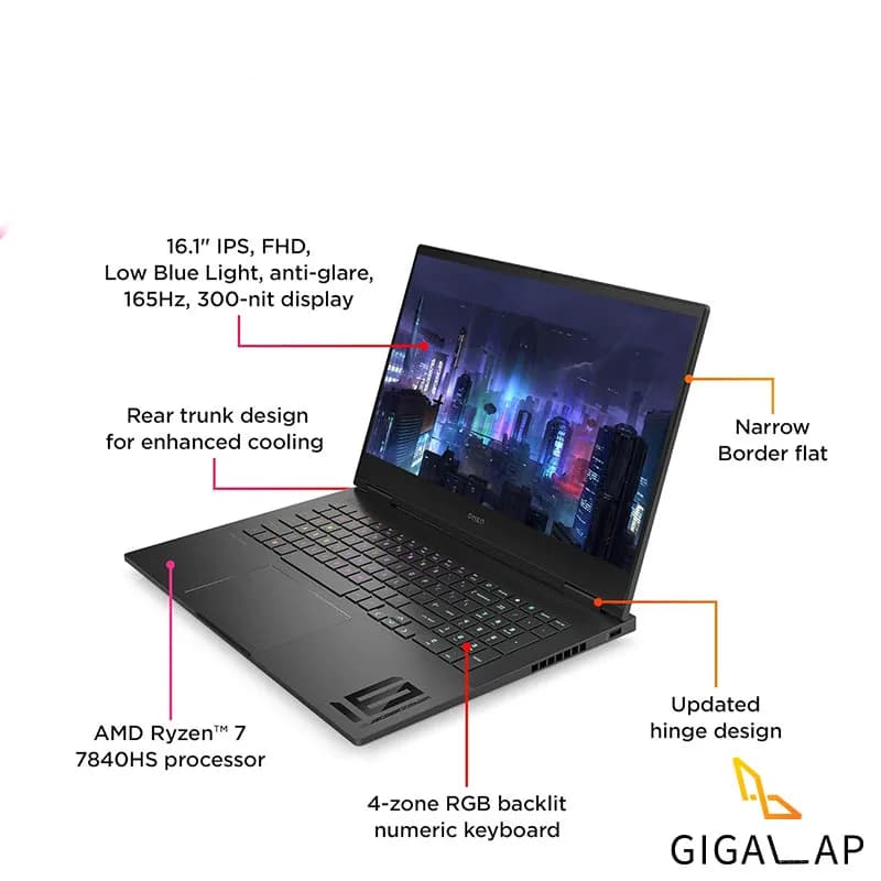 لپ تاپ HP GAMING 16 مدل Ryzen7 7840HS 16GB 1TB SSD 6GB RTX 4050 16,1 FHD 144HZ — تصویر ۳