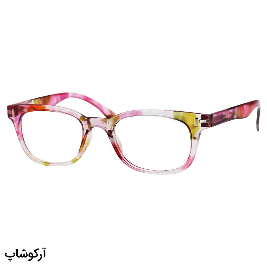 عینک مطالعه نمره +1.50 نزدیک بین با فریم صورتی (به همراه قاب و دستمال)، دسته فنری مدل TJ3184