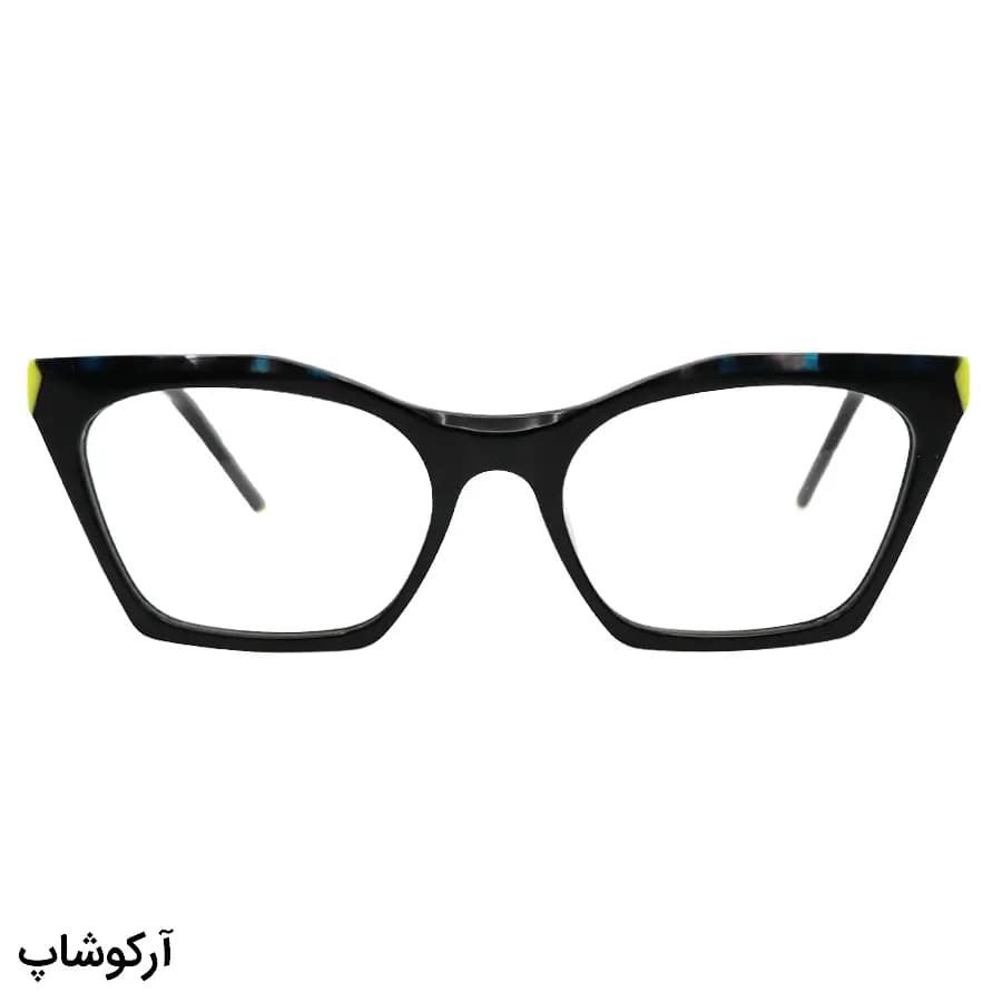عینک طبی زنانه Fendi با فریم رنگ مشکی براق، شکل چشم گربهای، از جنس استات و دسته سیمدار و لولا فنردار مدل XL6028 — تصویر ۳