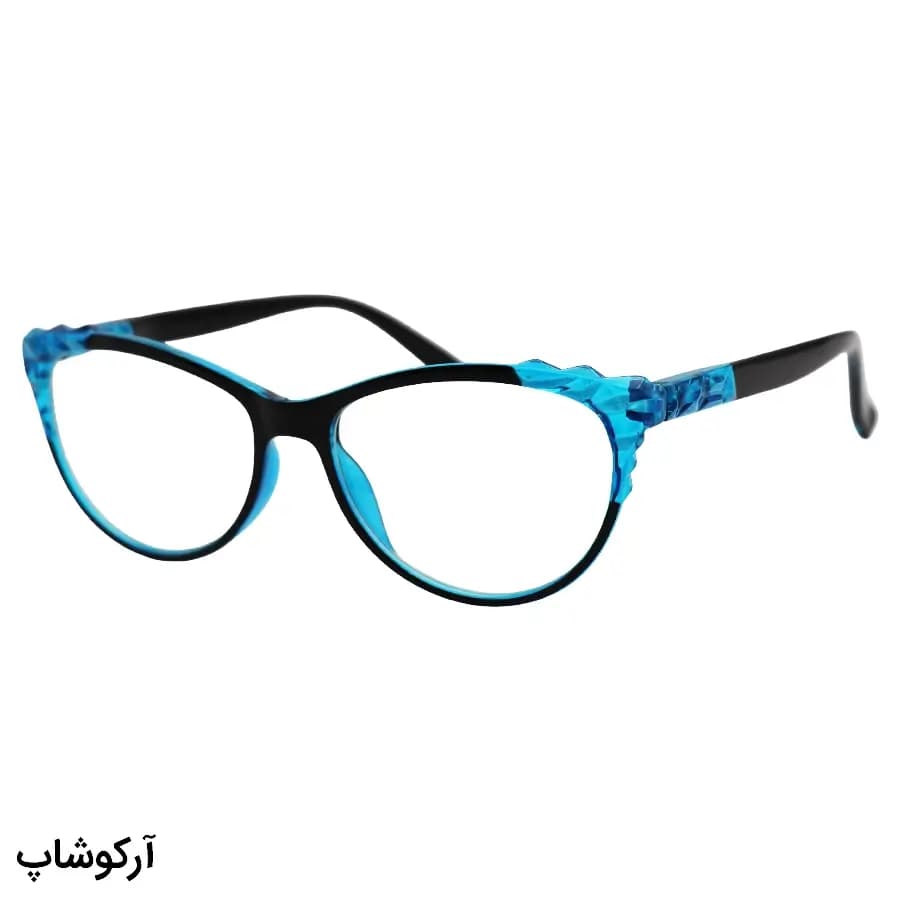 عینک مطالعه نزدیک بین نمره +1.50 به همراه قاب و دستمال، شکل چشم گربهای و دسته فنردار مدل FB9155