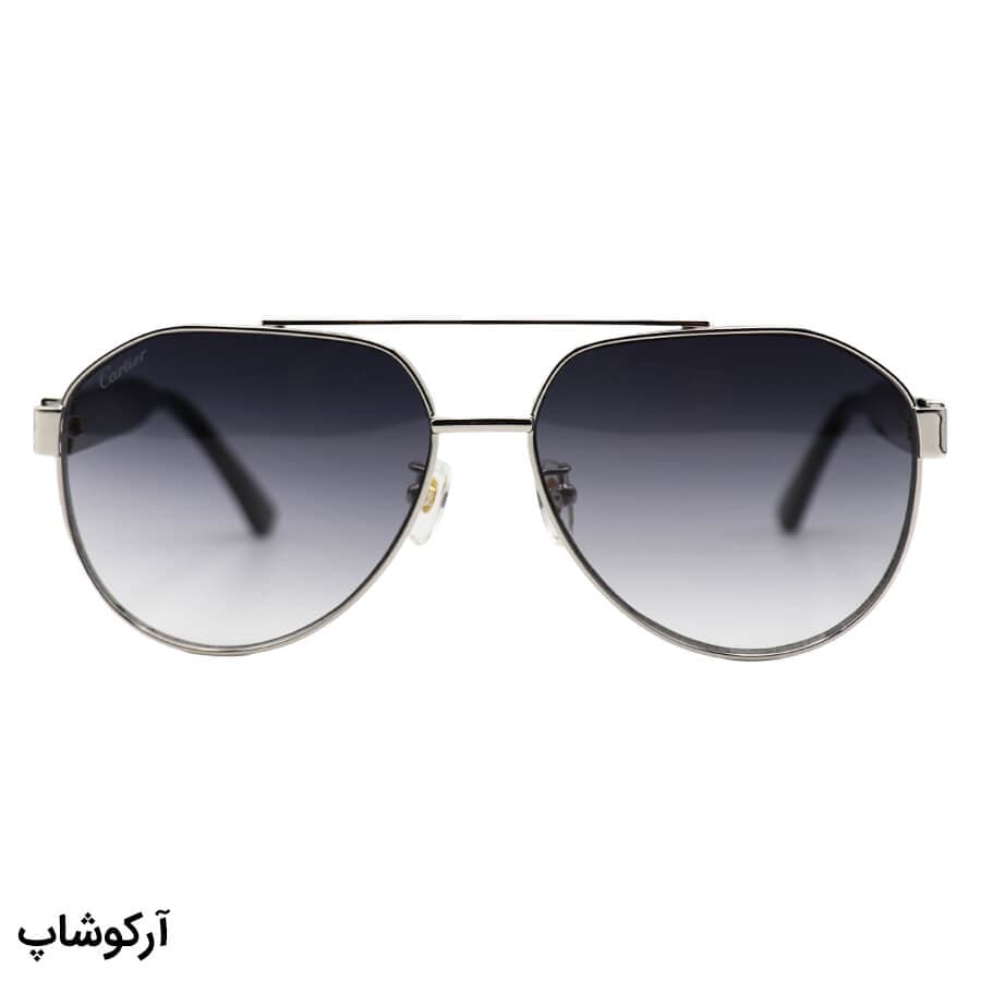 عینک آفتابی Cartier با فریم خلبانی، رنگ نقرهای، دسته مشکی و لنز دودی گرادینت مدل CT1185S 006 — تصویر ۳