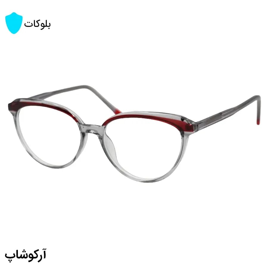 عینک زنانه با فریم شکل چشم گربهای، رنگ طوسی و قرمز، دسته سیمدار و لنز بلوکات و UV400 مدل 8335