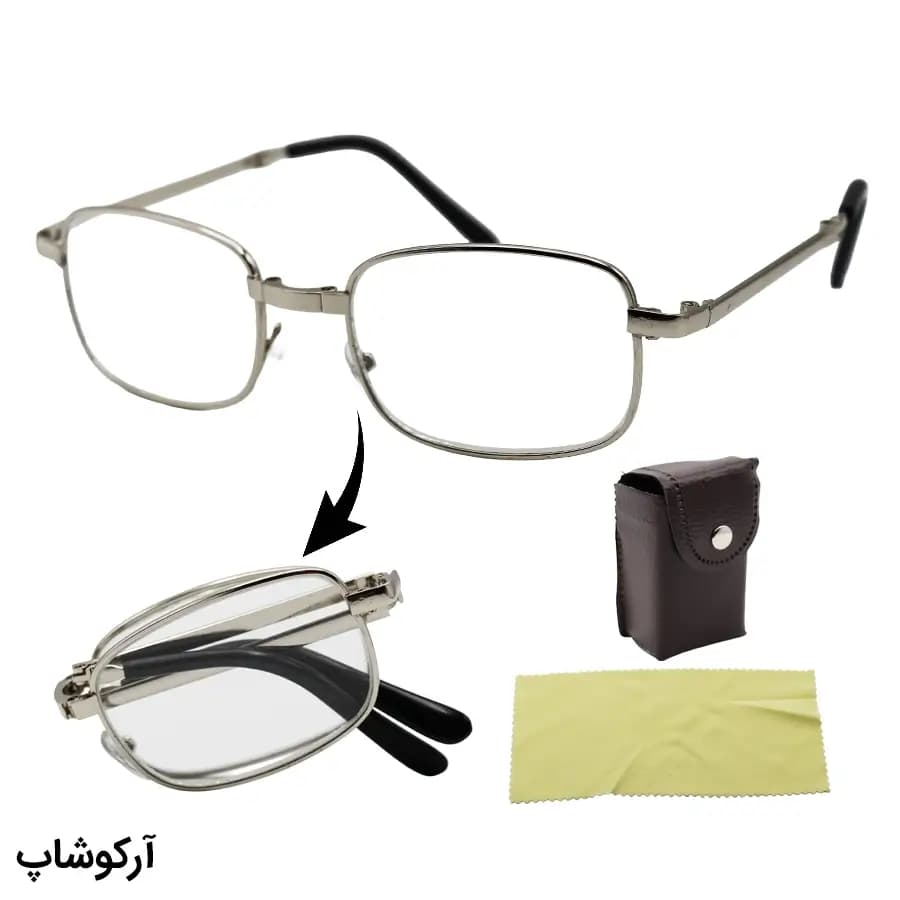 عینک مطالعه نزدیک بین نمره +3.50، با فریم شکل مستطیلی، رنگ نقرهای و طرح تاشو مدل TA1306