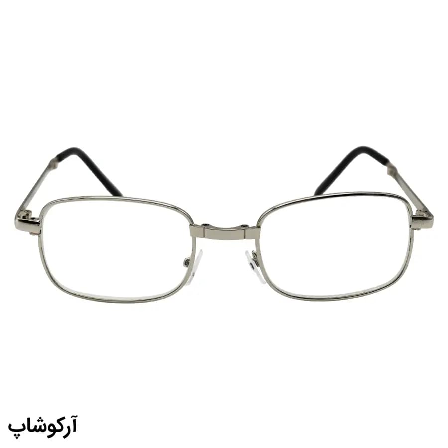 عینک مطالعه نزدیک بین نمره +3.50، با فریم شکل مستطیلی، رنگ نقرهای و طرح تاشو مدل TA1306 — تصویر ۲
