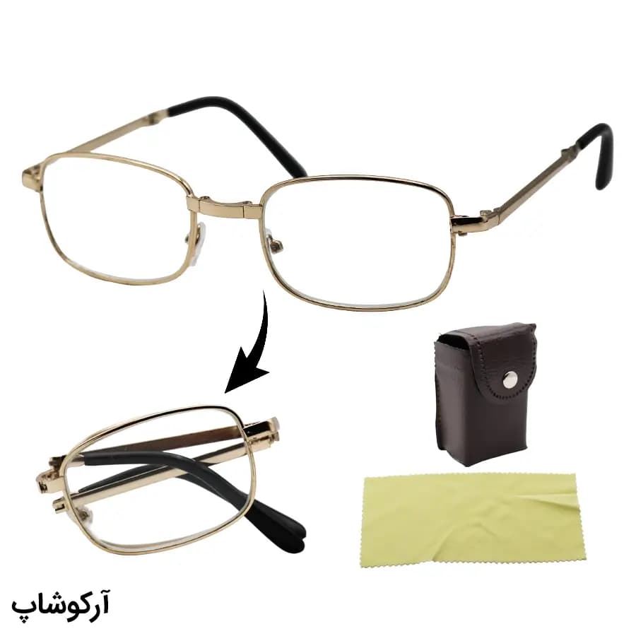 عینک مطالعه نزدیک بین نمره +2.00، با فریم شکل مستطیلی، رنگ طلایی و طرح تاشو مدل TA1306