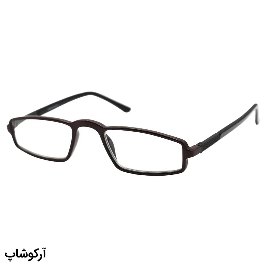 عینک مطالعه نزدیک بین نمره +1.25، با فریم قهوهای، شکل مستطیلی، دسته مشکی و لولا فنری مدل M-202489 — تصویر ۳