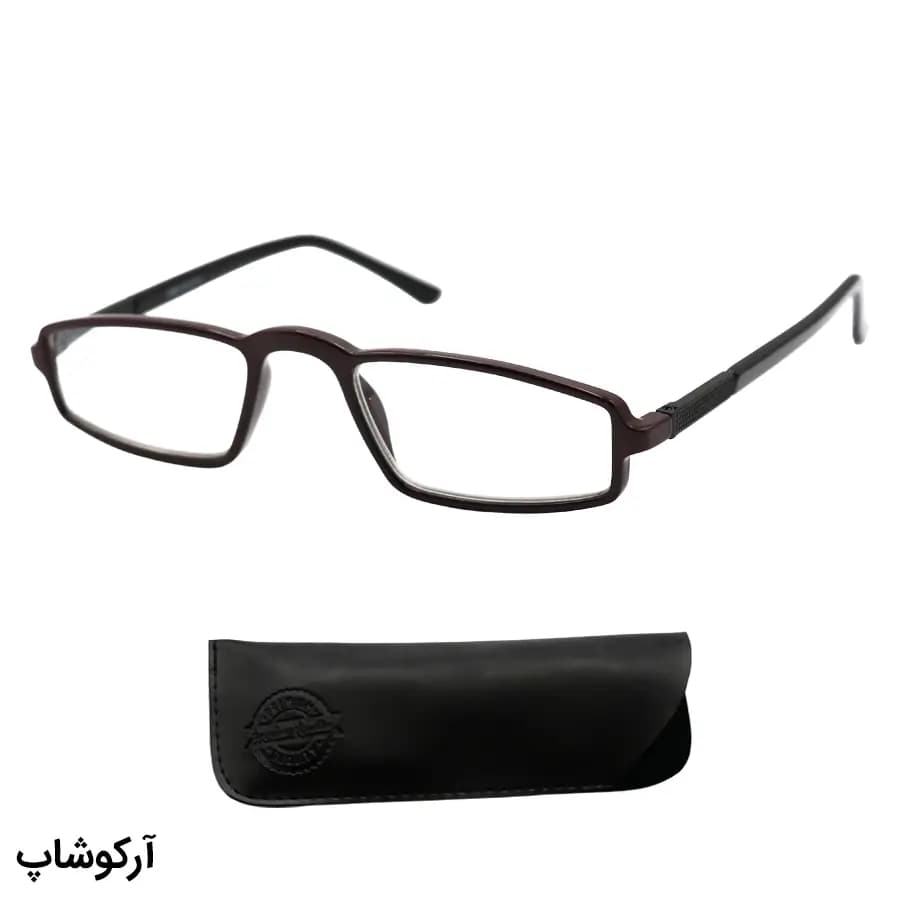 عینک مطالعه نزدیک بین نمره +2.50، با فریم قهوهای، شکل مستطیلی، دسته مشکی و لولا فنری مدل M-202489