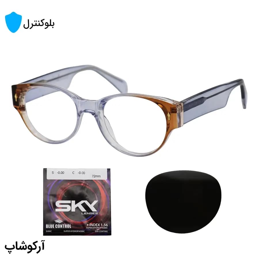 عینک بلوکنترل با فریم شکل بیضی، رنگ آبی و قهوهای، دسته سیمدار، برند گوچی و لنز بلوکنترل کرهای برند SKY مدل 669802
