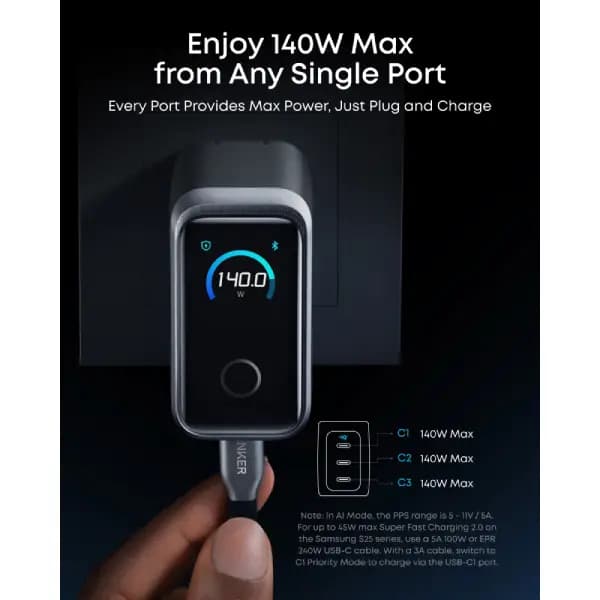شارژر دیواری 160 وات 3 پورت با نمایشگر هوشمند انکر مدل Anker Prime Charger A2687 — تصویر ۶