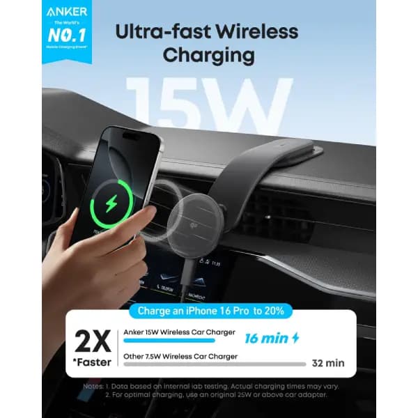 هولدر و شارژر بیسیم مغناطیسی خودرو انکر مدل Anker Nano Wireless Car Charger A2216 — تصویر ۲