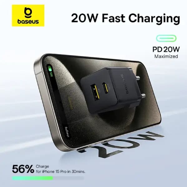 شارژر دیواری سریع بیسوس مدل Baseus Palm Fast Charger Type-C + USB-A 20W EU — تصویر ۷