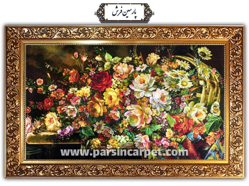 تابلو فرش دستباف طرح سبد گل ریخته – کد TG1401