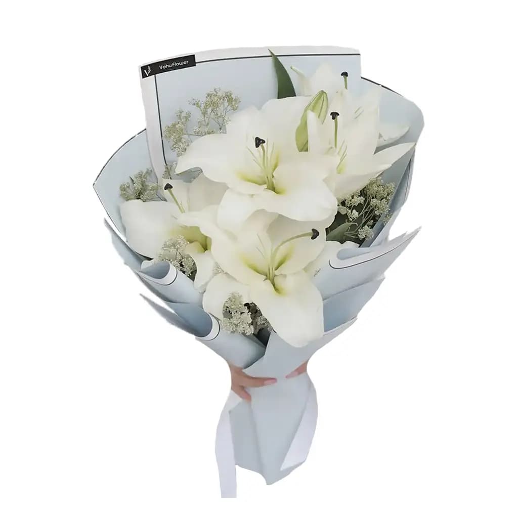 دستهگل لیلیوم سفید مینیمال Pure White Lily Elegance No.13 | پلتفرم سبز | هایپرمارکت گل و گیاه
