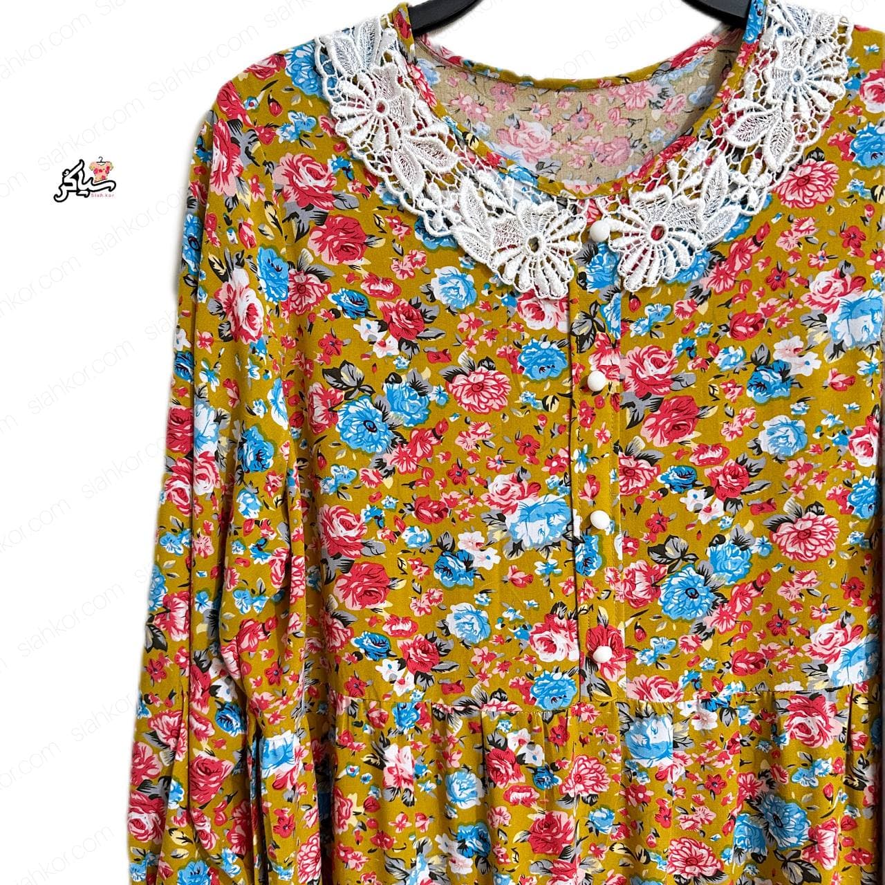 پیراهن نخی آستین سه ربع چین دار خنک و تابستونی (بدون آبرفت) زرد — تصویر ۲