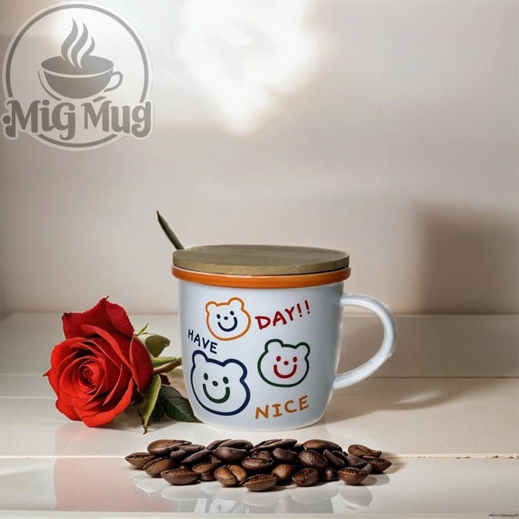 ماگ سرامیکی طرح گربه درب چوبی + قاشق استیل — تصویر ۲