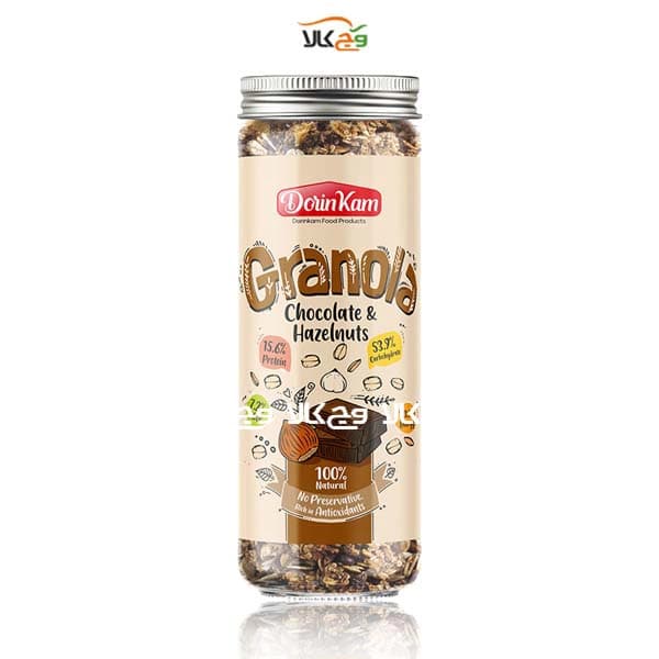 گرانولا شیشه ایی شکلات و فندق وگان درین کام – 380 گرمی