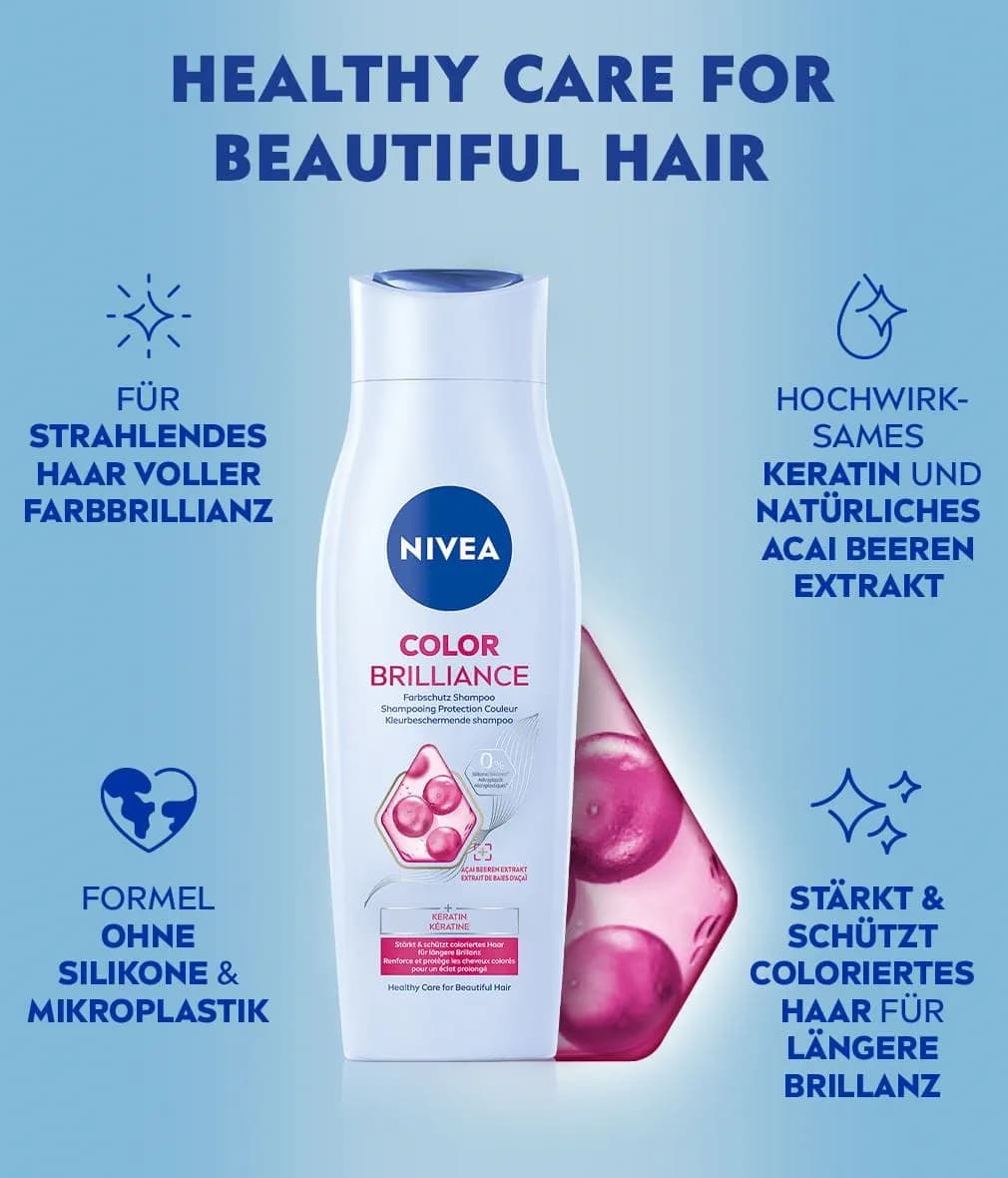 شامپوی محافظ رنگ مو با عصاره آکای بری نیوآ NIVEA Color Brilliance Color Protecting Shampoo حجم 250 میل — تصویر ۳