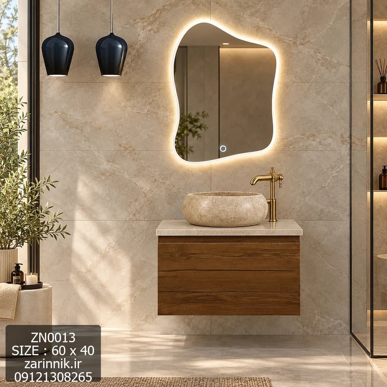 روشویی سنگی و آینه مدرن طرح چوب زرین نیک کد ZN0013 — تصویر ۴