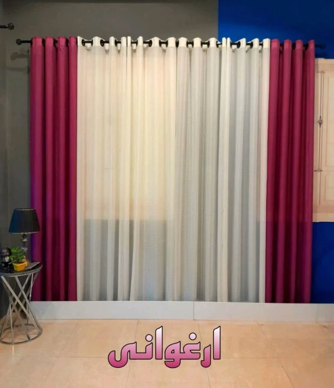 پرده آماده پانچی حریربافتدار سفید و ارغوانی (عرض 3تا 3/5متر)