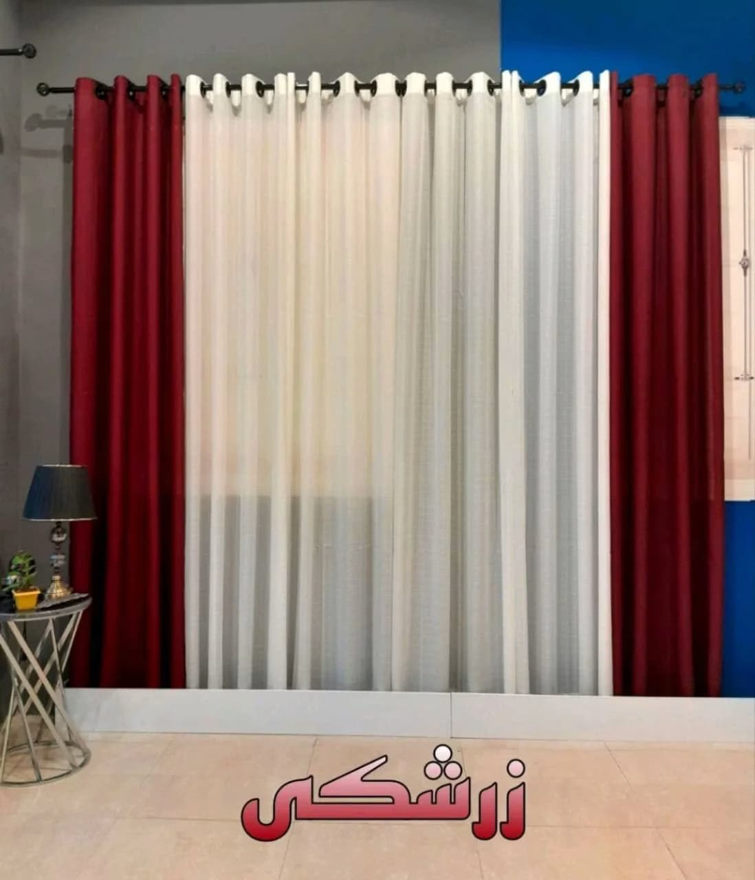 پرده آماده پانچی حریربافتدار سفید و زرشکی (عرض 3تا 3/5متر)