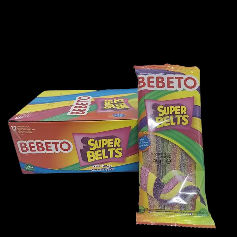 پاستیل ترش نواری میوه ای ببتو 75 گرمی (super belts) بسته 12 عدد- عمده کارتن 8 بسته