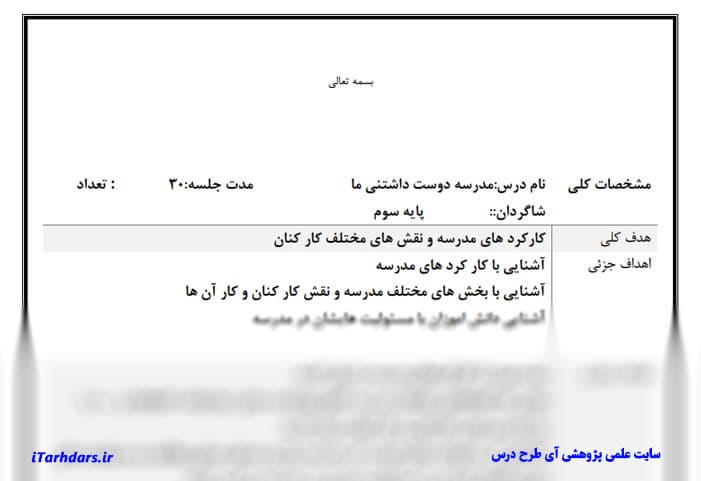 طرح درس روزانه مطالعات اجتماعی پایه سوم ابتدایی مدرسه دوست داشتنی ما — تصویر ۲