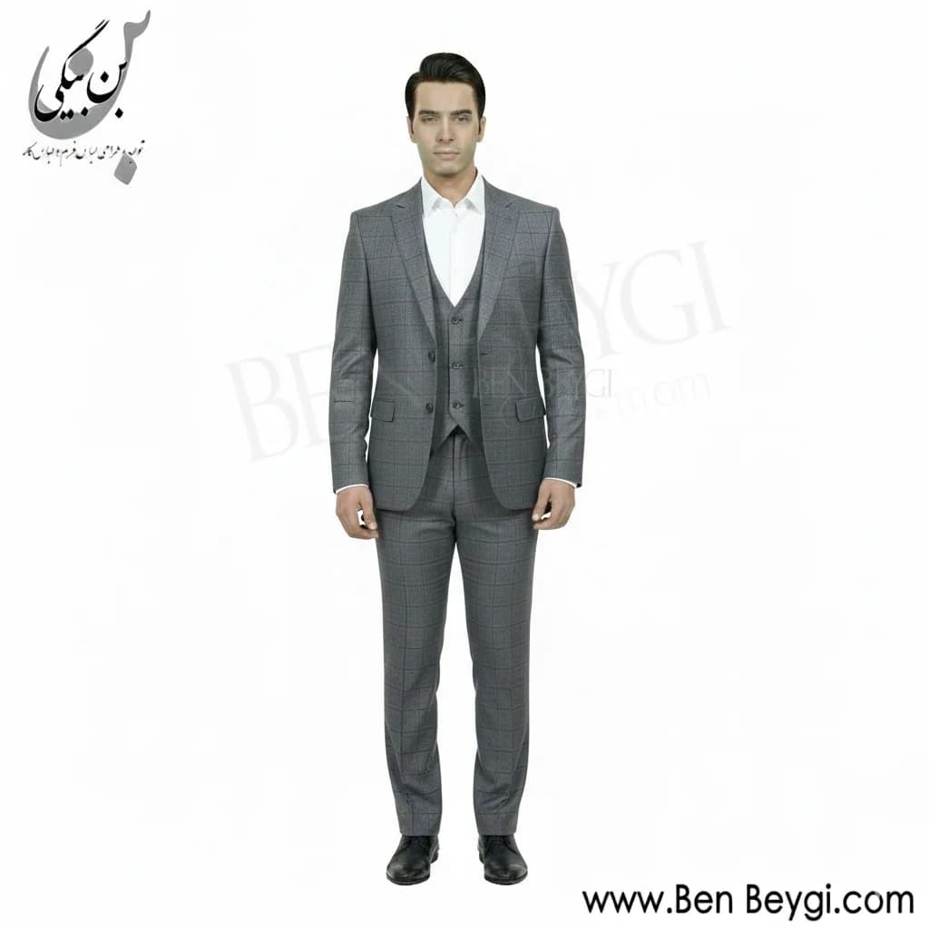 کت و شلوار و جلیقه مردانه اداری پارچه فاستونی رنگ طوسی کد 4587