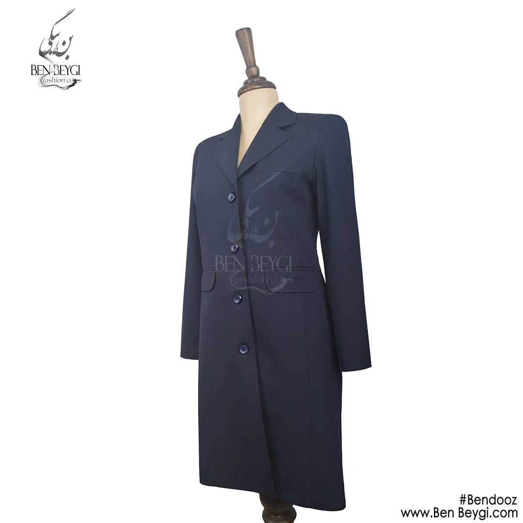 مانتو شلوار اداری سرمه ای یقه انگلیسی پیش چهار دکمه پارچه بزیاق قد 97 کد TA-740-16295