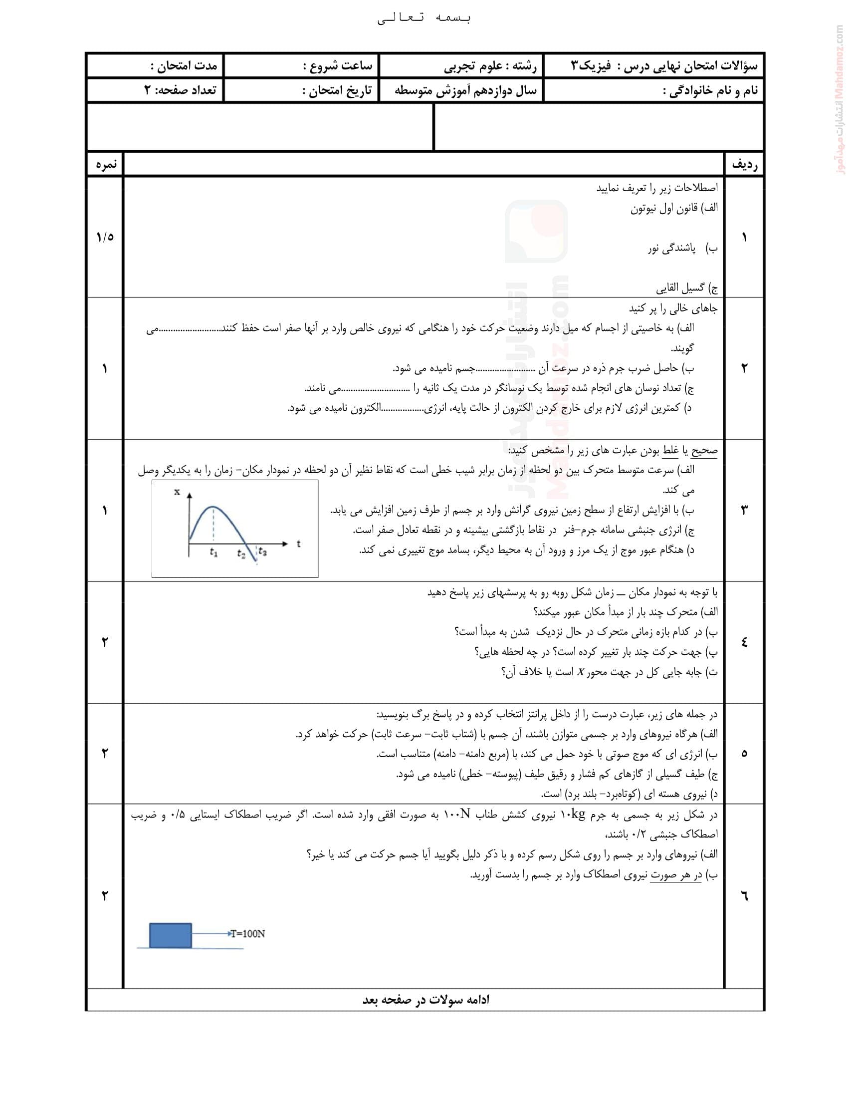 نمونه سوال ارزشیابی فیزیک پایان نیمسال دوم علوم تجربی دوازدهم | با جواب