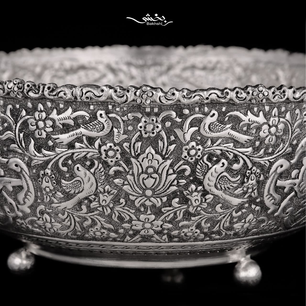 ست هفت پارچه نقره پایه گلوله ای گل و مرغ درجه یک — تصویر ۴