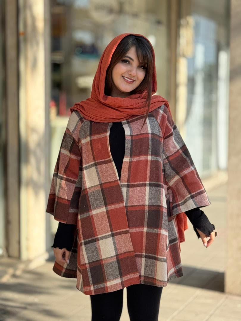 پالتو عروسکی نارنجی کرم قهوه ای چهارخونه