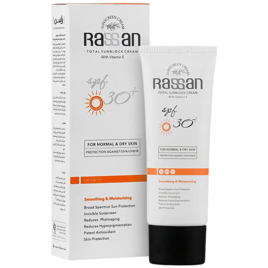 کرم ضد آفتاب معمولی بدون رنگ spf 30 راسن مخصوص پوست خشک و معمولی